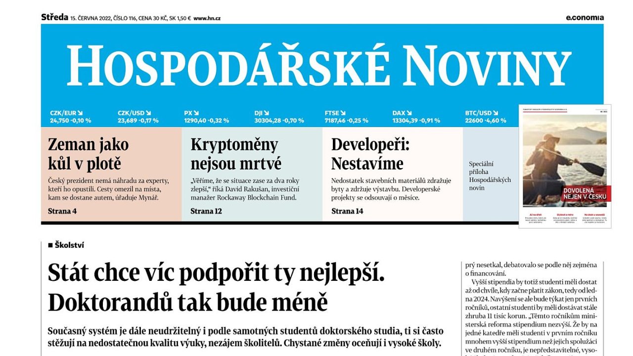 Titulní strana Hospodáøských novin 15. èervna 2022