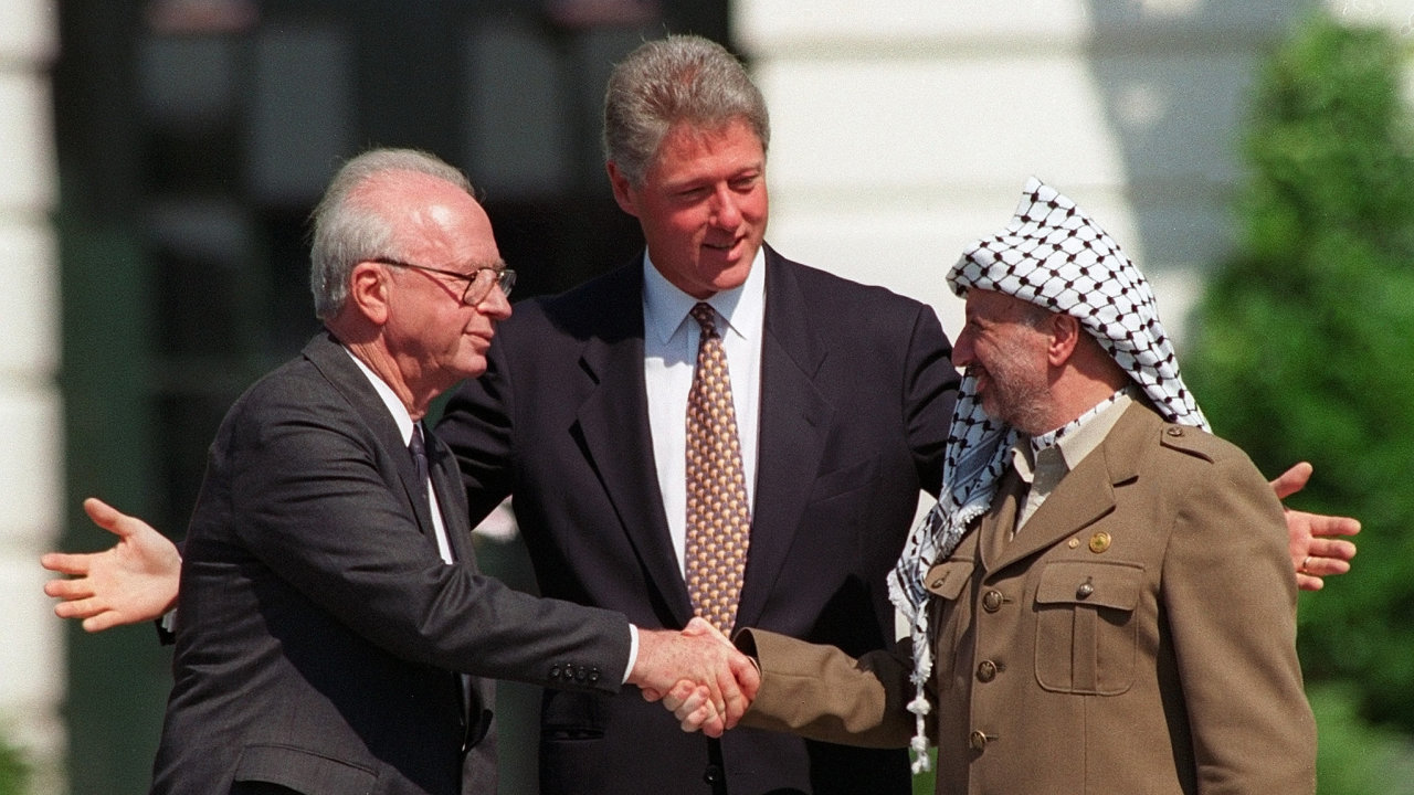 Bill Clinton,Yasser Arafat,Yitzhak Rabin, mrov jednn 1993, Oslo