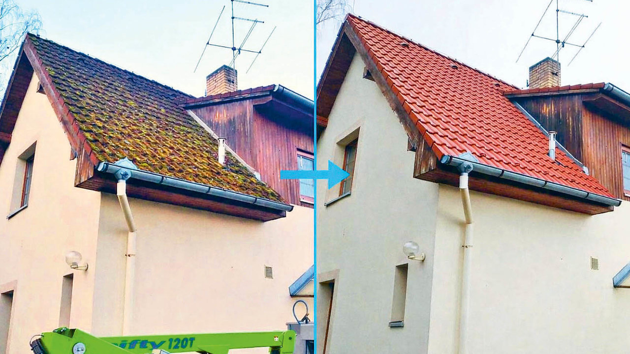 St�echa po�odborn�m vy�i�t�n� bez chemie. Profesion�ln� stroj m� pr�tok p�es dvacet litr� za�minutu a�pracuje s�horkou vodou.