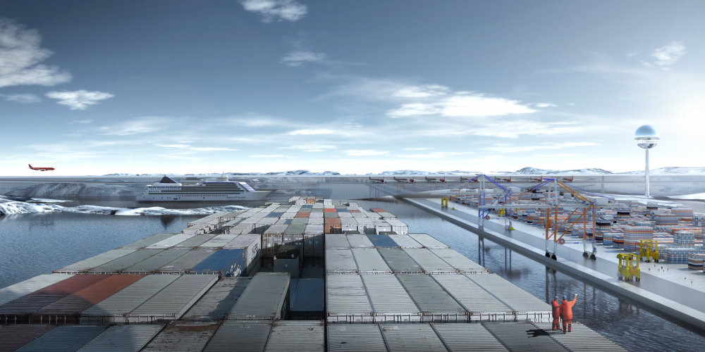 Air+Port Projekt dánského ateliéru BIG pro město Nuuk kombinuje přístav s mezinárodním letištěm.