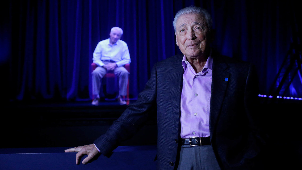 Holocaust survivor Aaron Elster speaks to reporters as he is displayed on a three-dimensional hologram at the Take A Stand Center at the Illinois Holocaust Museum & Education Center on Thursday