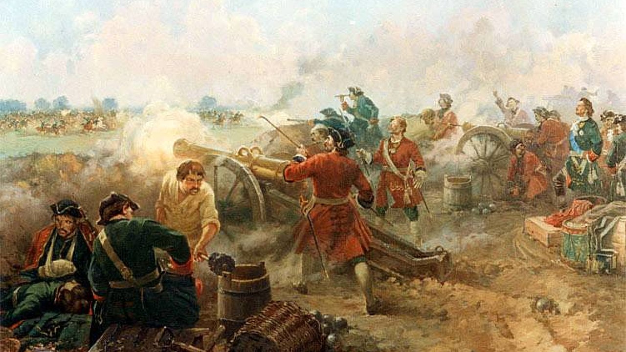 Bitva u Poltavy, èervenec 1709, ruské dìlostøelectvo pálí z opevnìných pozic proti švédské jízdì.
