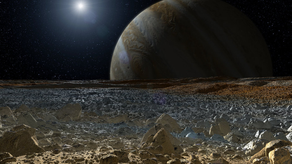 Simulovan pohled na planetu Jupiter z povrchu jejho msce Europa