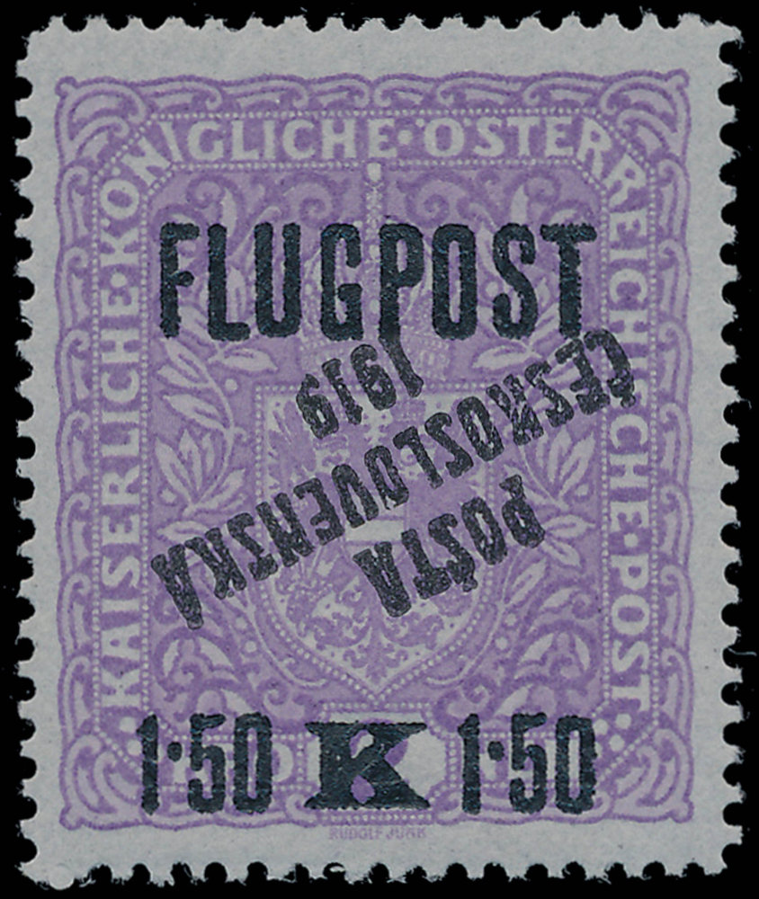 Letecká známka Flugpost 1.50K/2K s převráceným přetiskem Pošta československá 1919