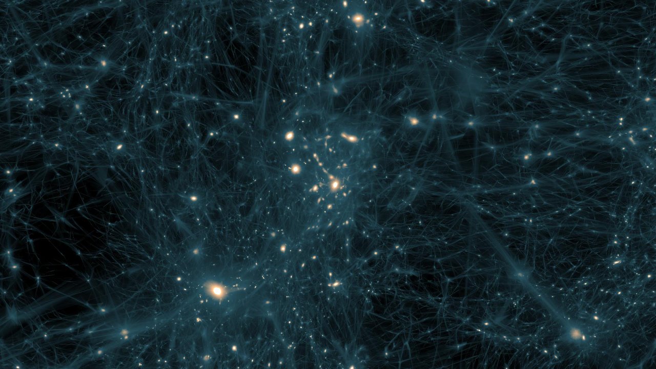 Pravdpodobn podoba temn hmoty umlecky ztvrnn po pozorovn trpaslich galaxi.