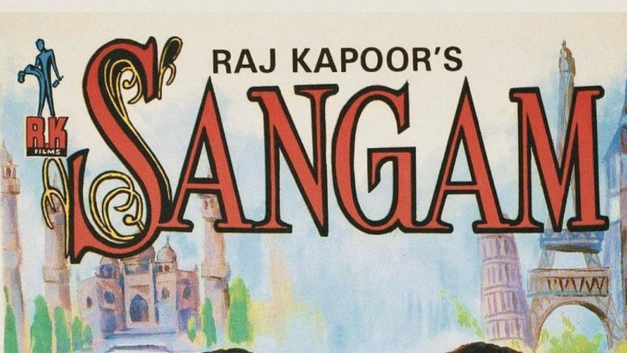 Plakát filmu Sangam z roku 1964, který natoèil a jednu z hlavních rolí v nìm ztvárnil Rádž Kapúr, pøezdívaný „Clark Gable Bollywoodu“. V Íránu, kam ho bratøi Hindjuové vyvezli, se hrál celé tøi roky.