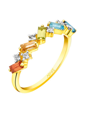 Prsten ze žlutého zlata zdobí s briliant, peridot, granát, citrín a topaz. Ozdobte se i vy.