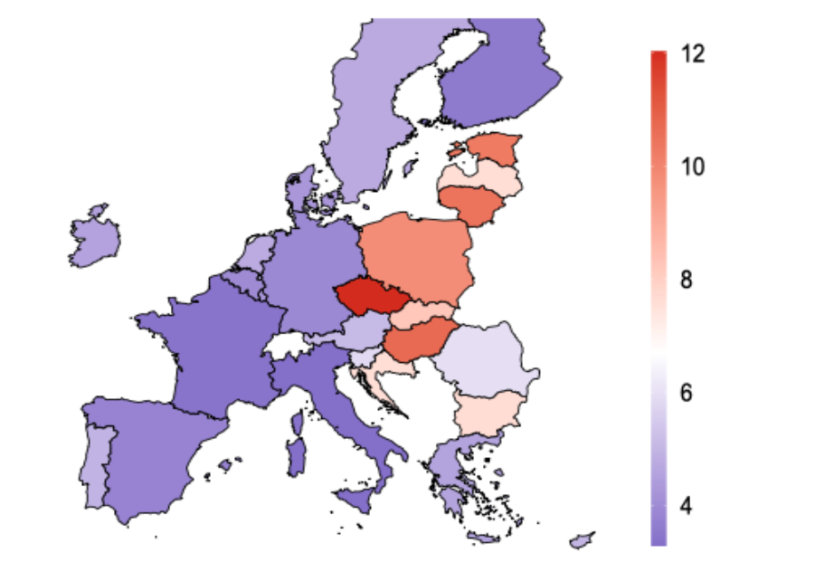 Kartogram prmrnch jdrovch mr inflace v jednotlivch zemch EU v roce 2022. Zdroj: NB (Adam; Schwarz, 2023). Pozn.: HICP index bez cen energi, potravin a tabku; vyjdeno v procentech (%).