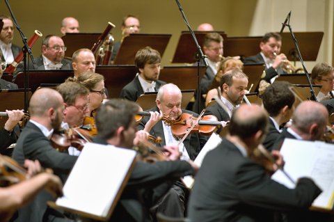 Snímek z pondělního zahajovacího koncertu sezony Symfonického orchestru Českého rozhlasu.