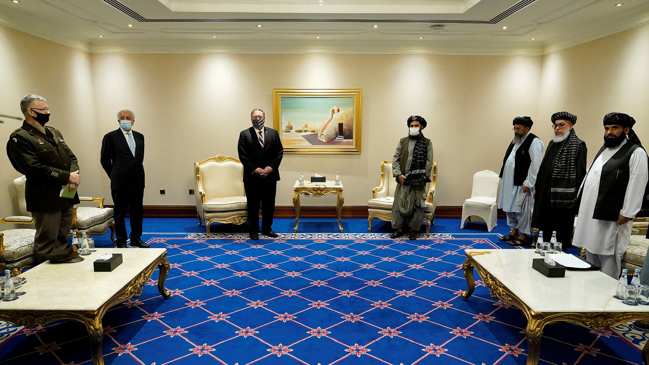 U.S. Secretary of State, Mike Pompeo, meets with Taliban chief negotiator, Mullah Abdul Ghani Baradar, amid talks between the Taliban and the Afghan government, in Doha, Qatar November 21, 2020. Patri