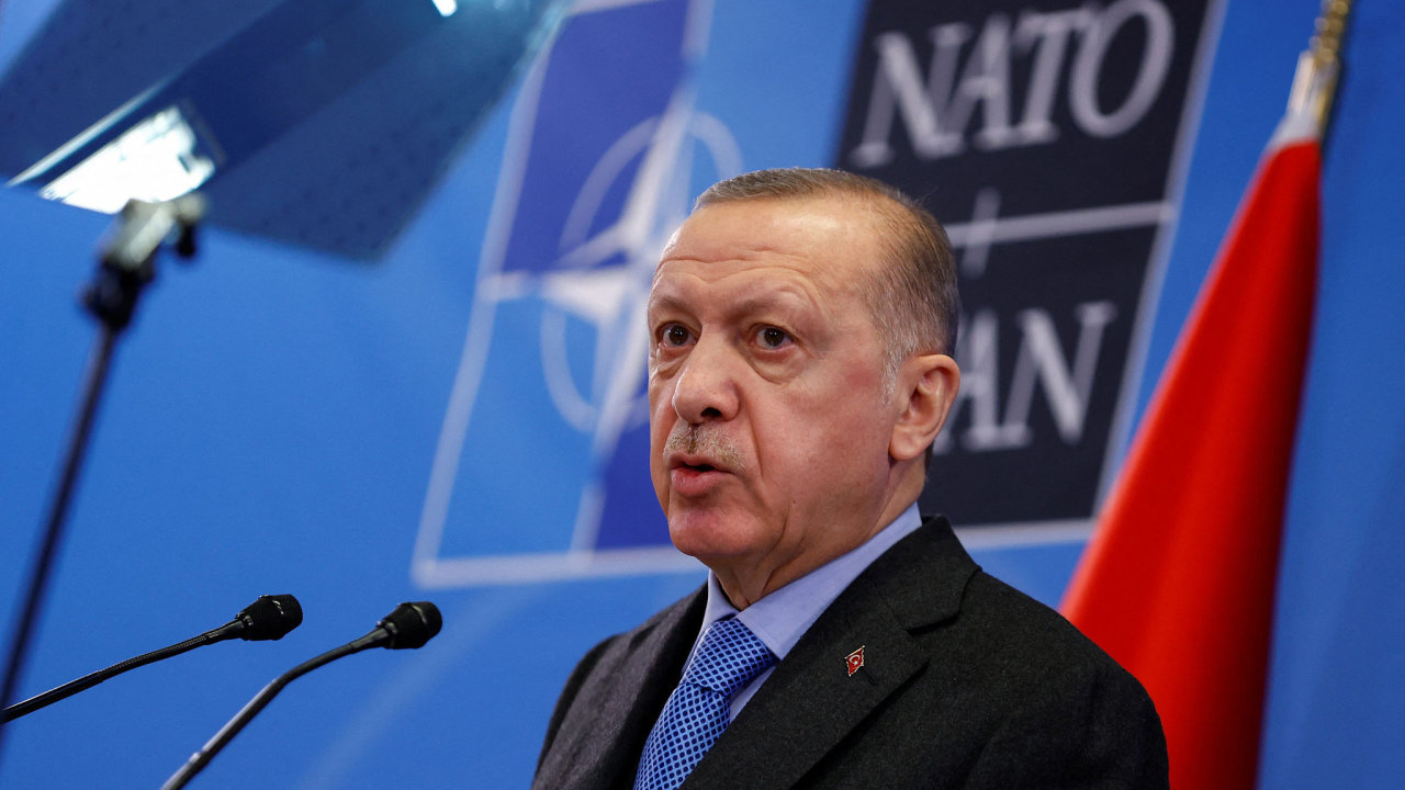 Turkish President Tayyip Erdogan speaks during a news conference following a NATO summit