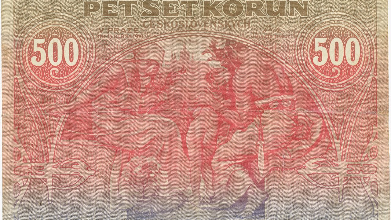 Ptisetkorunovou eskoslovenskou bankovku zroku 1919 navrhl mal Alfons Mucha. Doaukce jde vnedli scenou 200tisc korun.