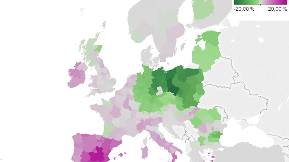 Mapa Evropy - vvoj nezamstnanosti v procentnch bodech.