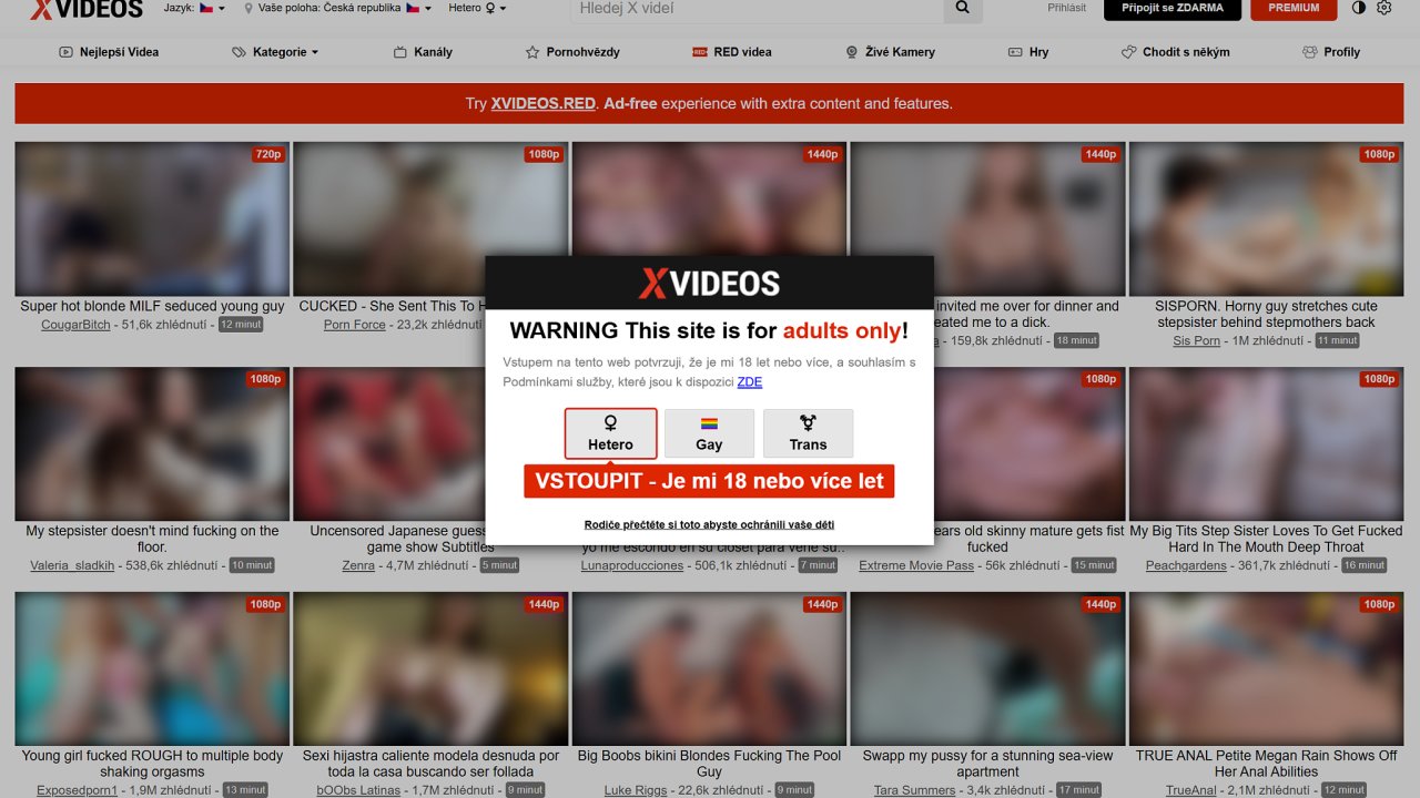 Hlavn strnka serveru Xvideos.com s varovnm o nevhodnm obsahu