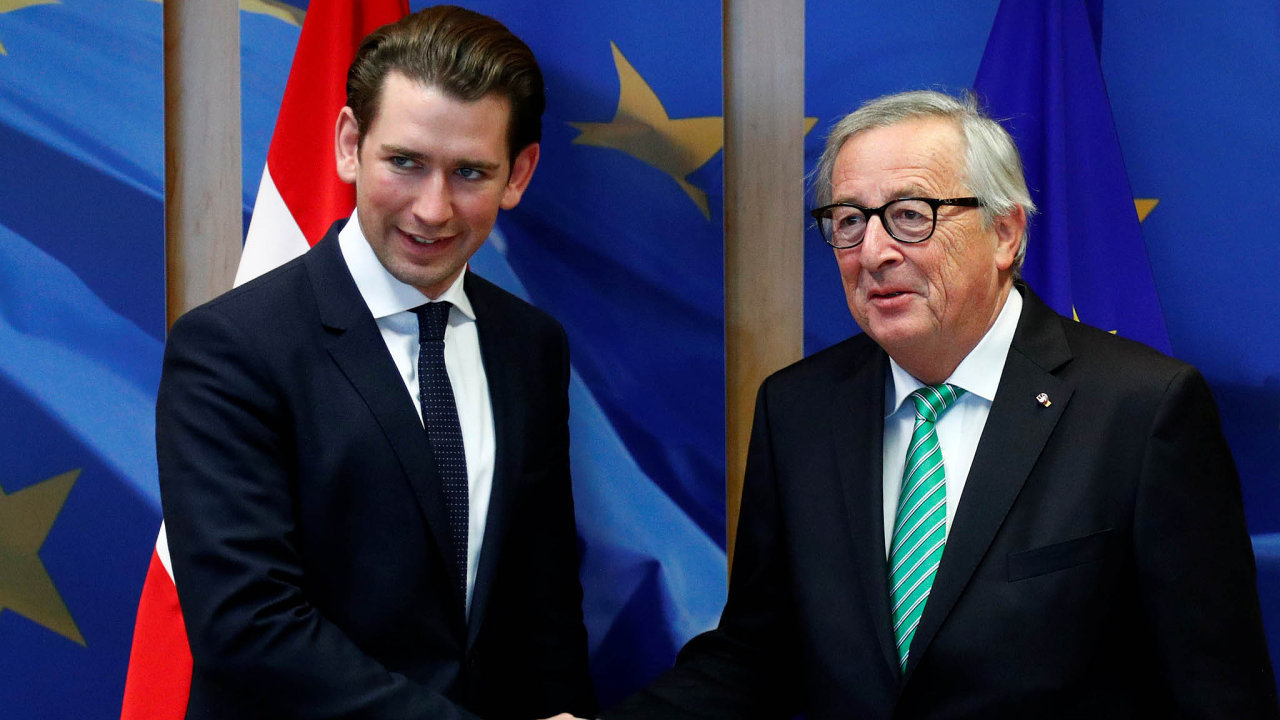 Politick hvzda. Sebastian Kurz (nasnmku vlevo spolu spedsedou EK Jeanem-Claudem Junckerem) lta pedsedal mldenick organizaci rakouskch lidovc.
