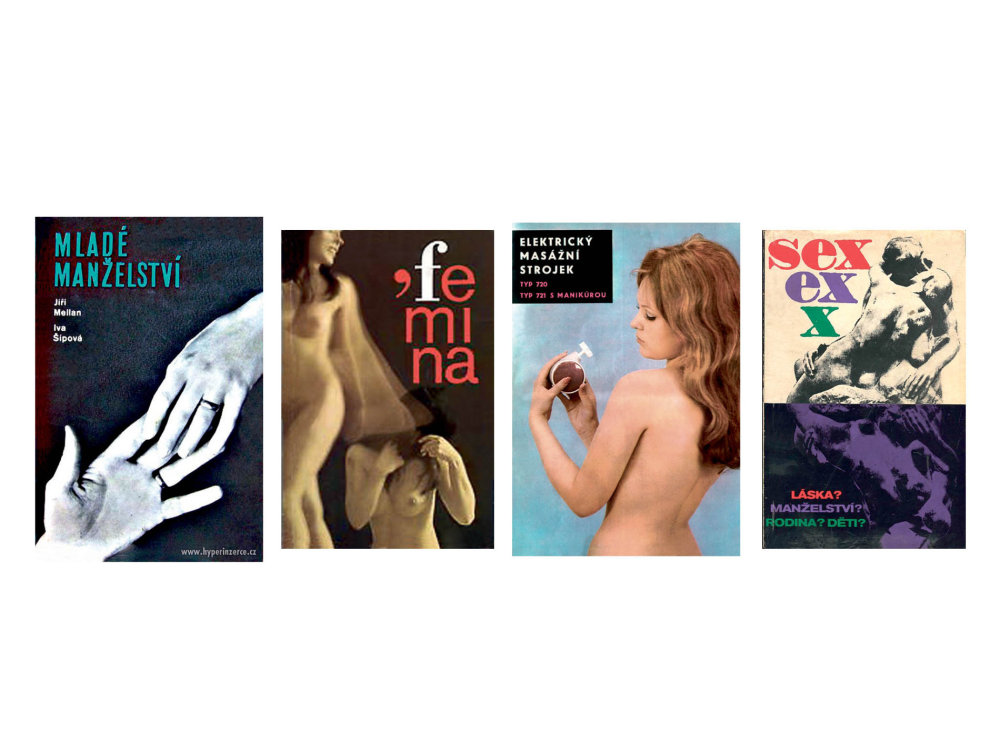 Obálky dobové „erotické“ literatury a vizuál reklamy na masážní strojek ITES 720