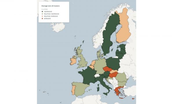 Grafické znázornìní cen mobilních dat na mapì podle Eurostatu. Èervená je špatnì.