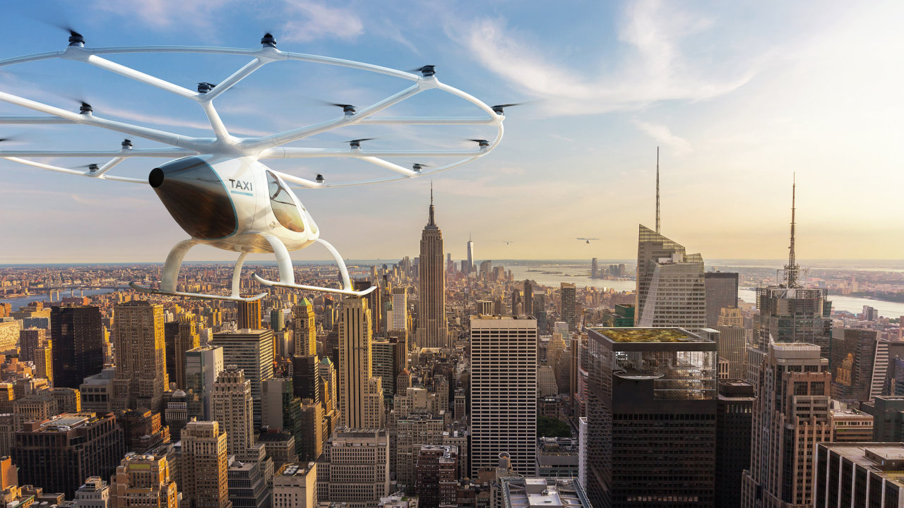 Dron VoloCity pro rozen dopravnch monost v nejvtch svtovch metropolch o leteckou taxislubu (animace stroje nad New Yorkem)