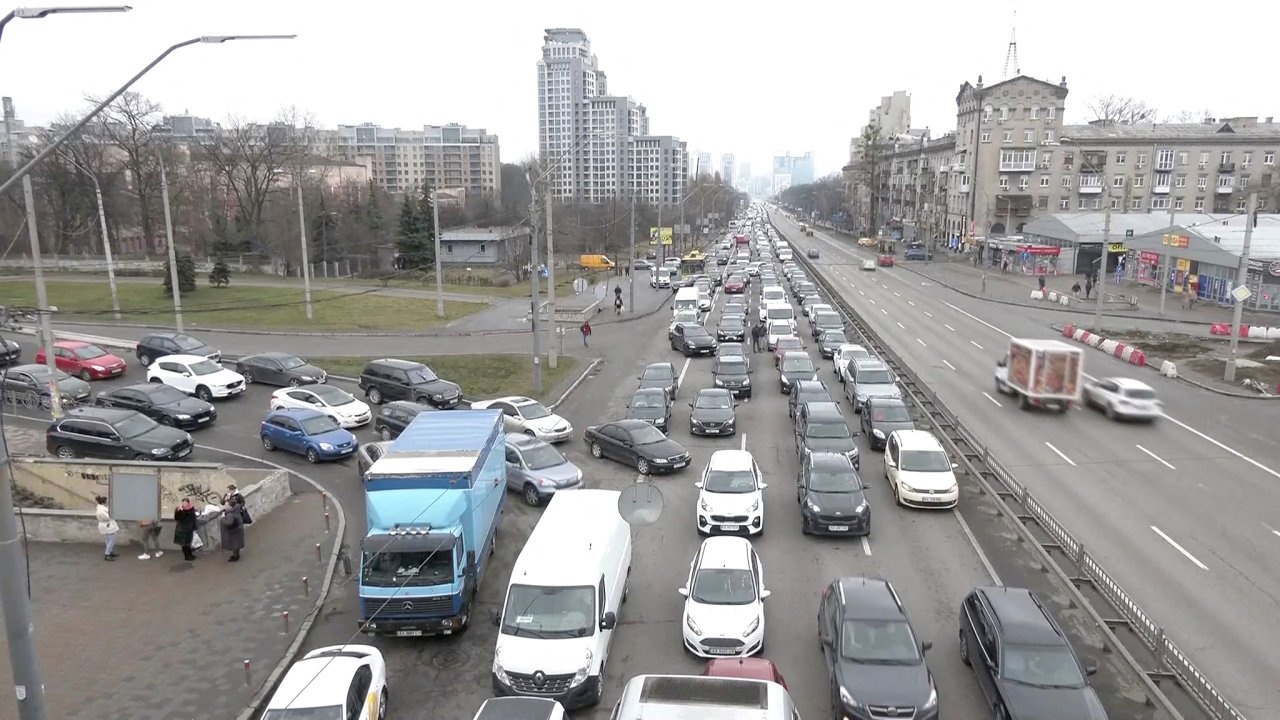 Heavy traffic is seen on a road heading out of the Ukrainian capital Kyiv
