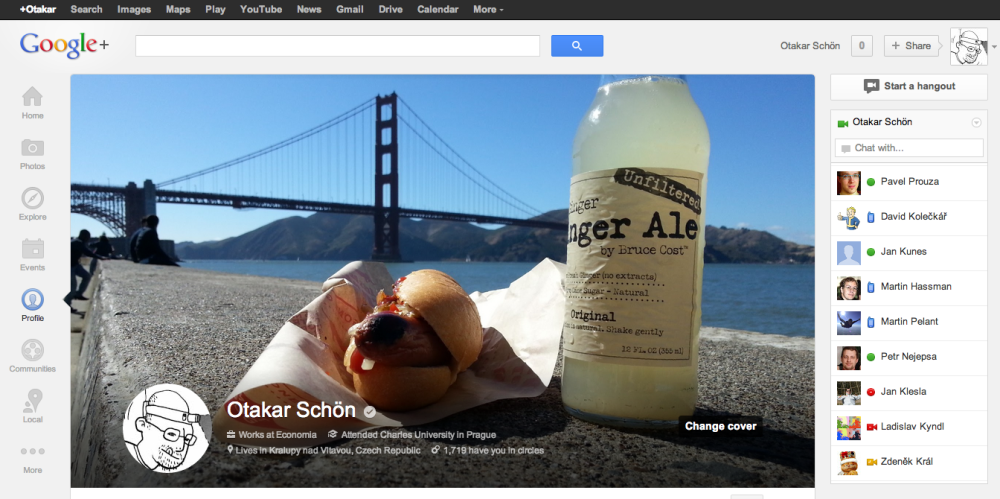 Nová podoba Google+ Na běžném notebooku uvidíte z profilu uživatele Google+ jen obrovskou fotografii.
