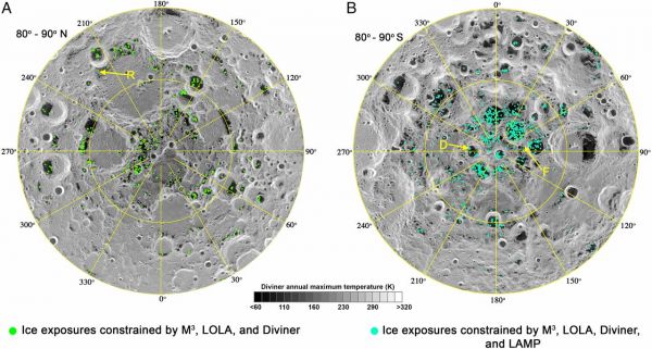 Obrzek zobrazuje rozloen povrchovho ledu na severnm plu Msce (vlevo) a na jinm plu (vpravo), kter byl zaznamenn nstrojem NASA Moon Mineralogy Mapper.