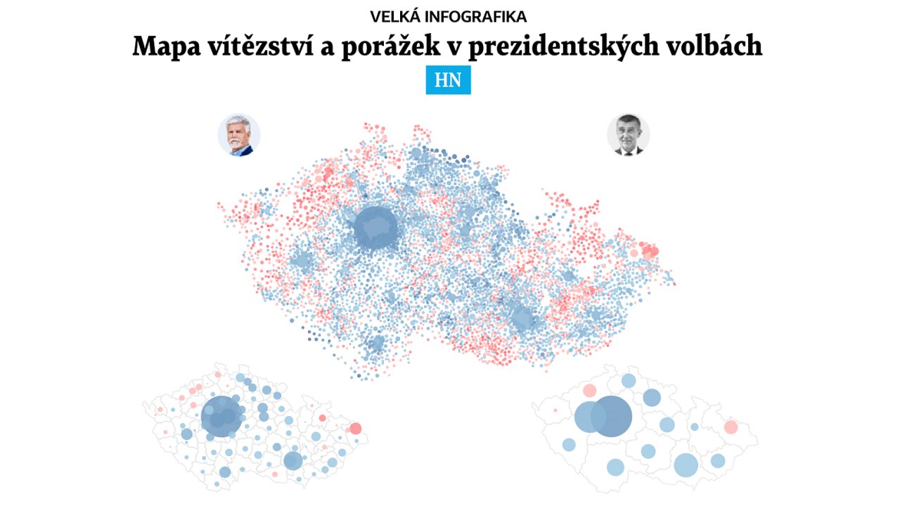 Mapa vítìzství a porážek v prezidentských volbách 2023.