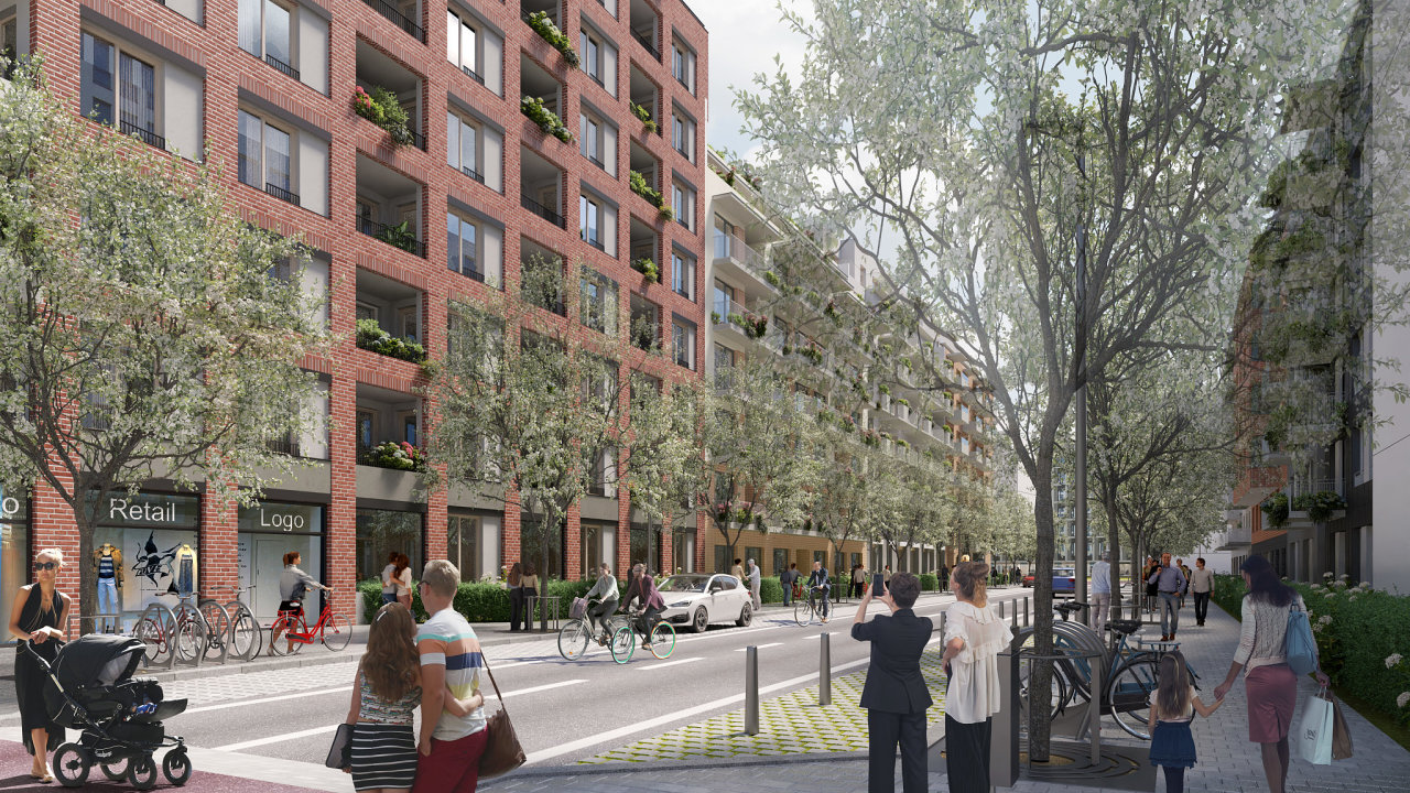 Trio Brno: V patrech byty, v p��zem� kav�rny a obch�dky na �iv�m bulv�ru.